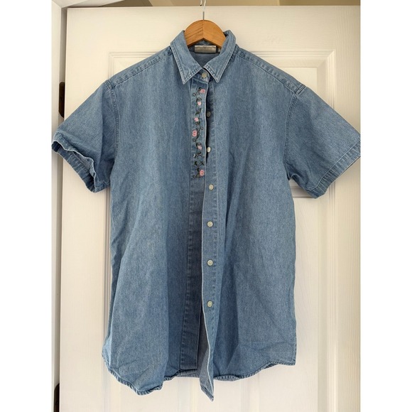 Van Heusen Tops - Vintage 90s Denim Button Down Floral Embroidery Blouse Cottagecore Grandma Boho